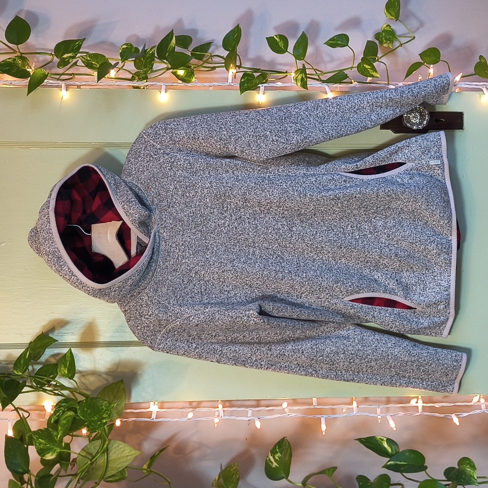 Women's Eddie Bauer Heather Grey Red Black Check Hoodie Sweater M